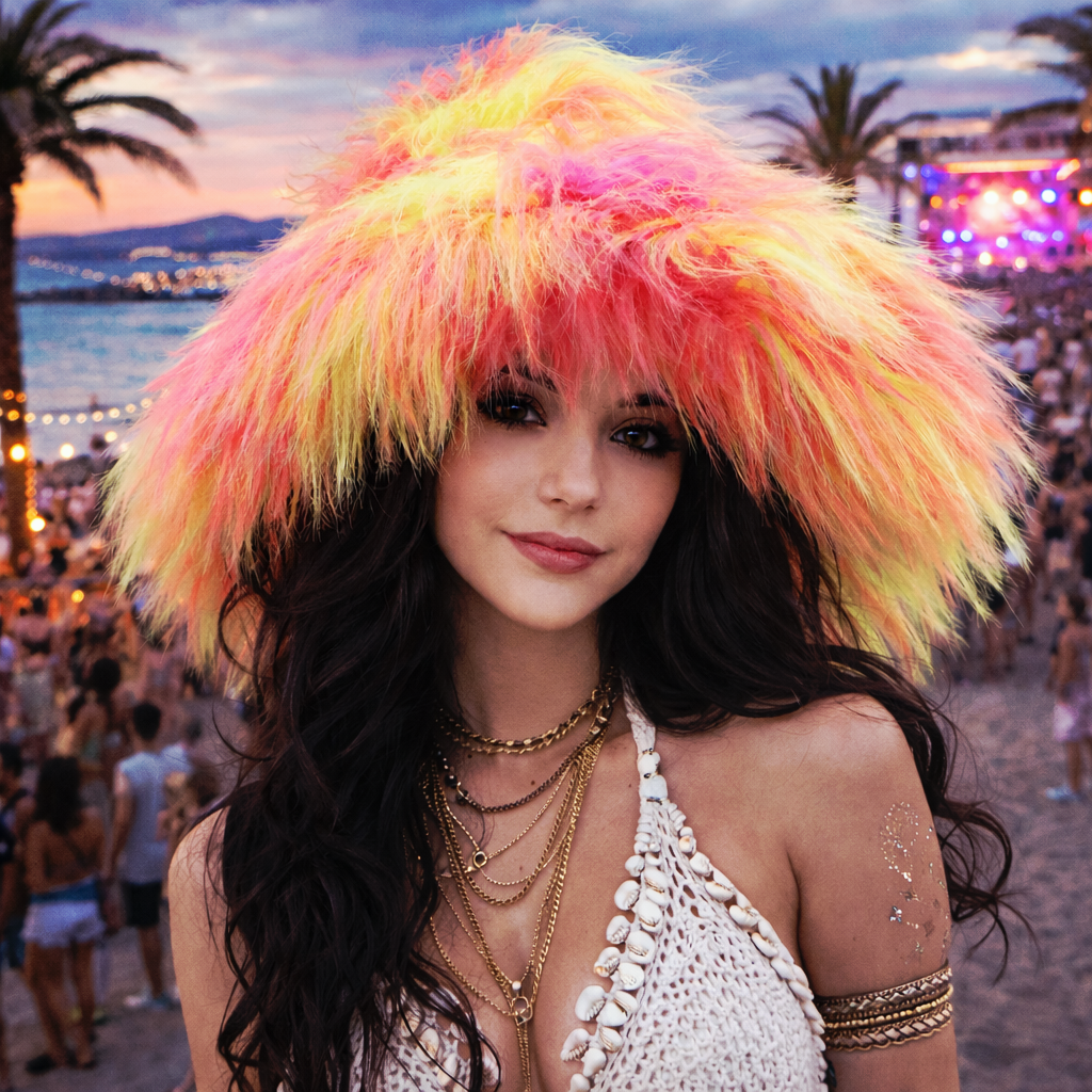 Woman with a yello and pink wide brimmed hat at a beach party with palm trees and people in the background.