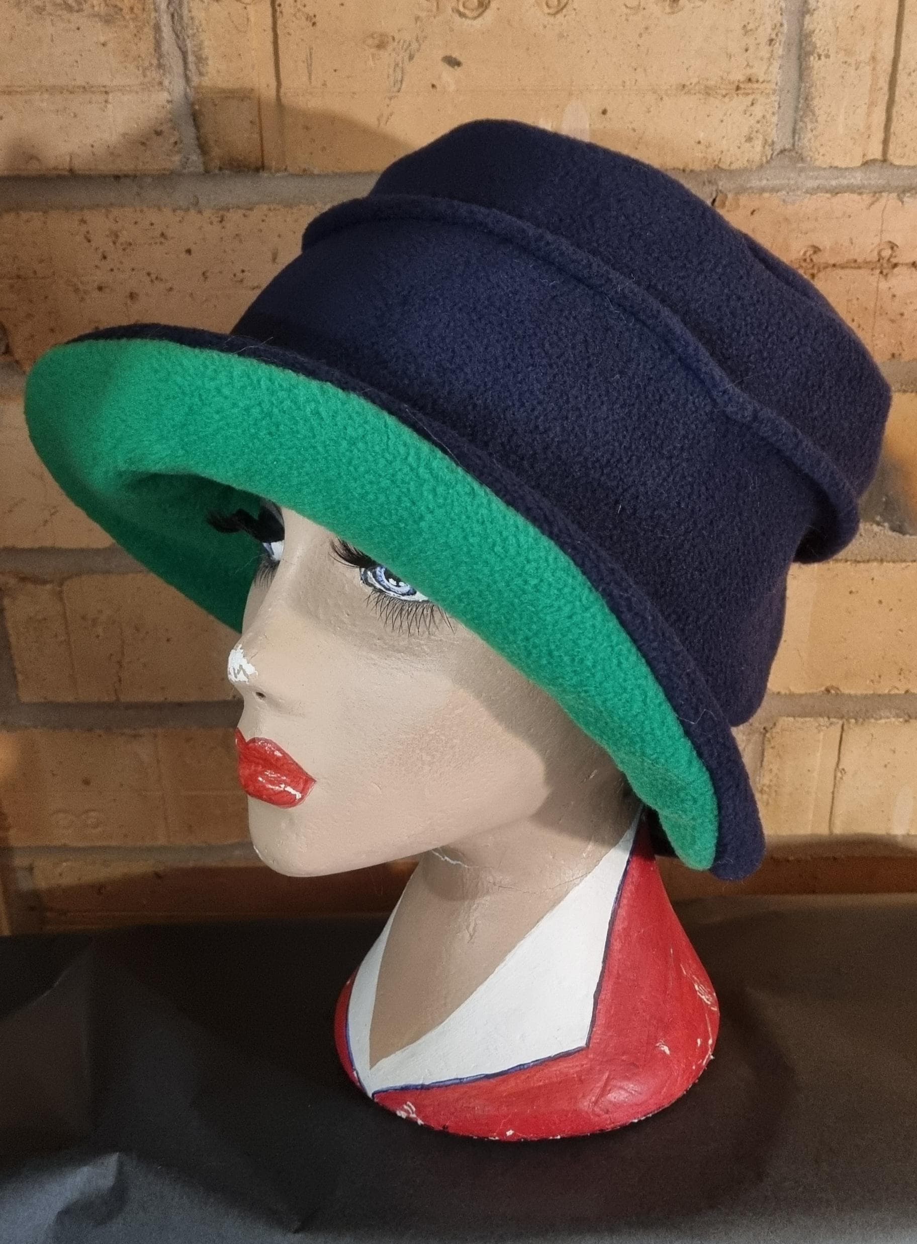 Fleece Cloche Hat: Navy Blue & Green, Downton Abbey Style