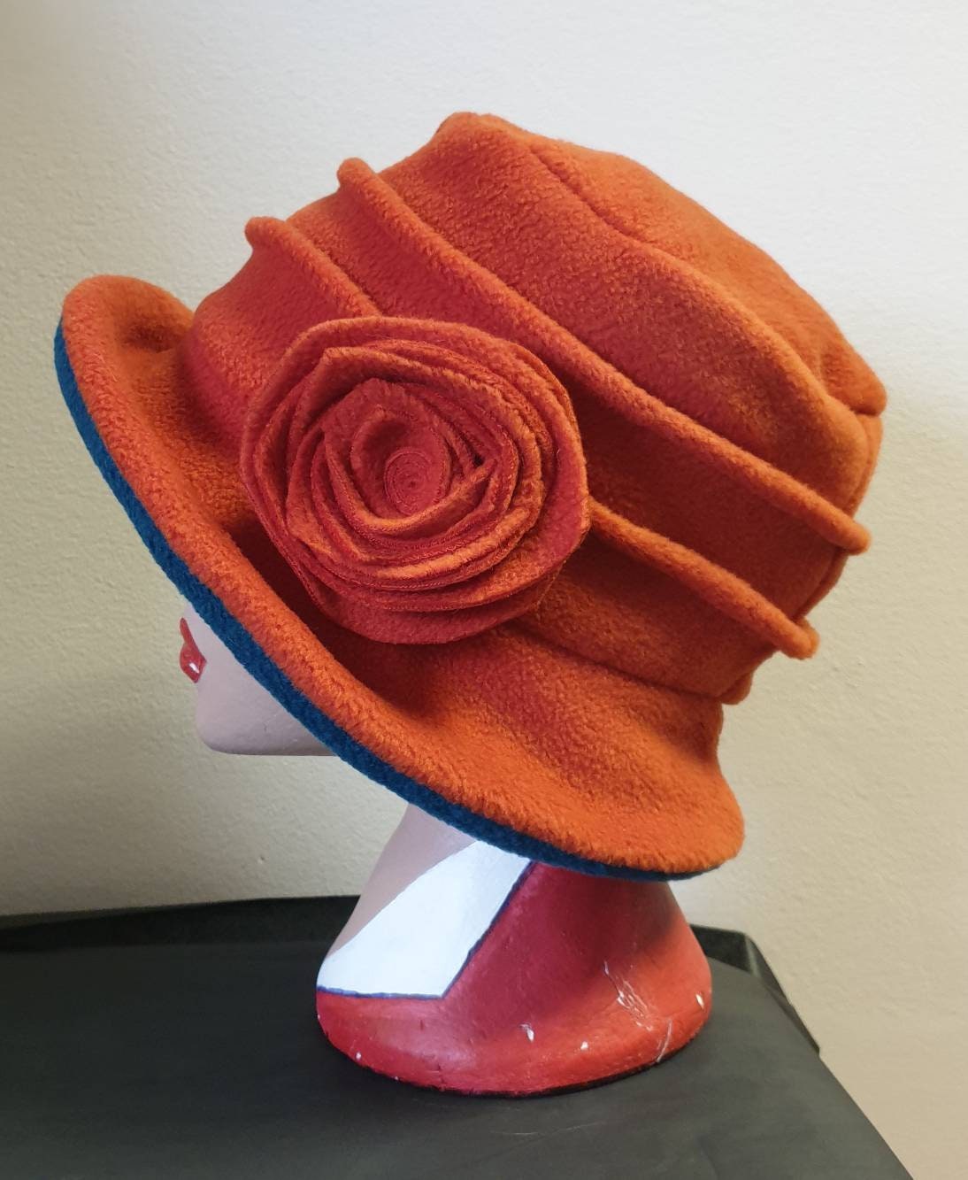Burnt Orange & Teal Fleece Cloche Hat | Handmade in England