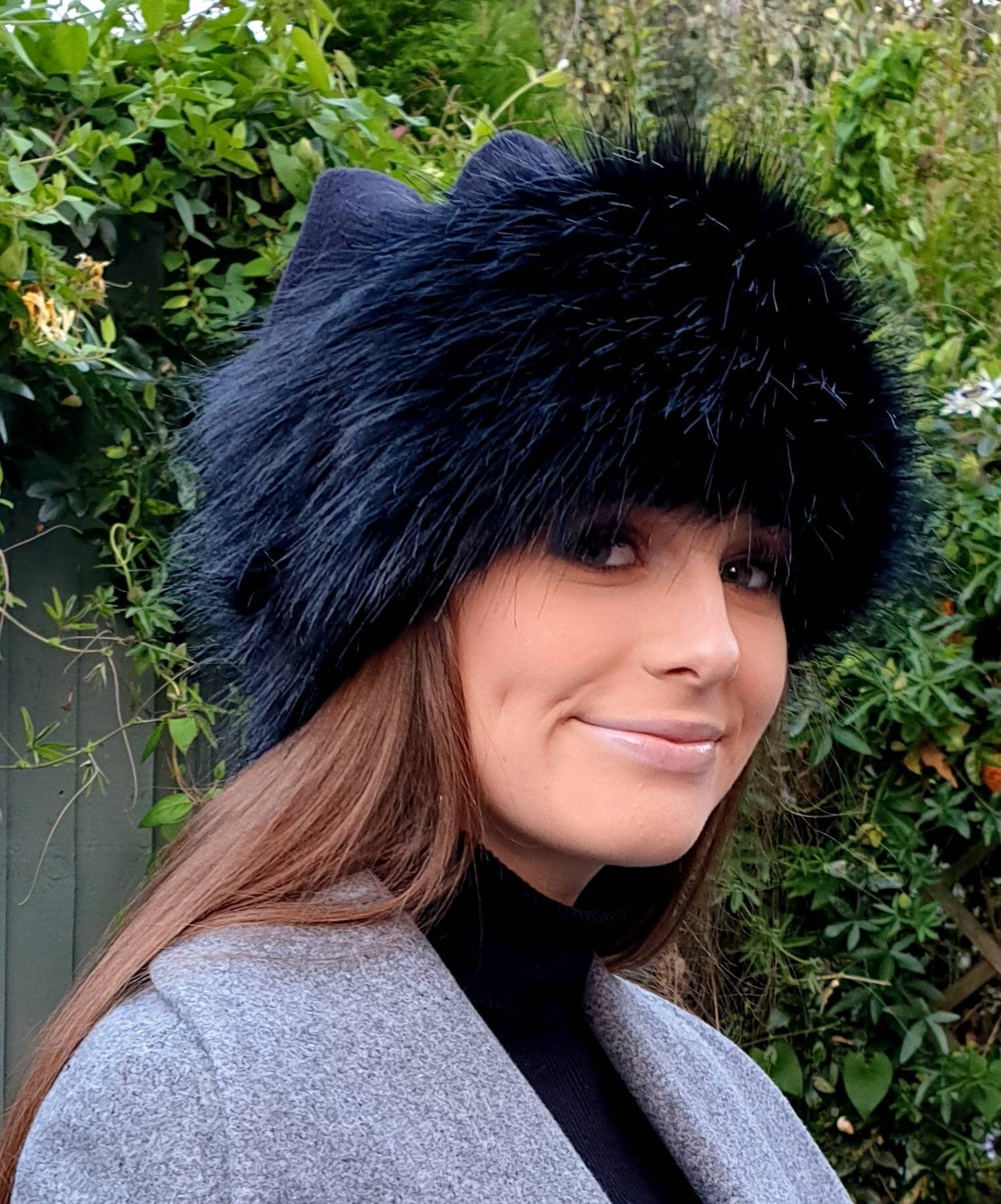 Fleece Top Faux Fur Hat in Long Black with Full Polar Fleece Lining