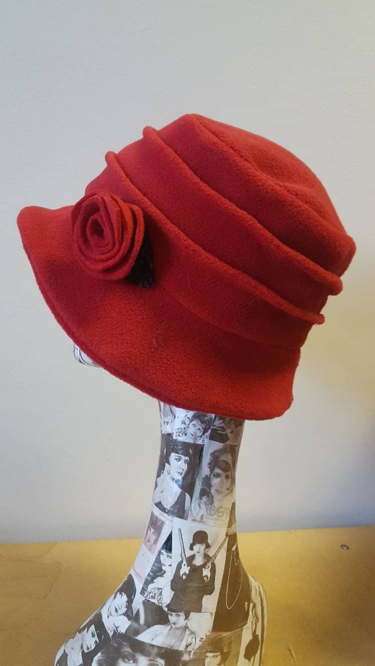 Red Fleece Hat Lined with Polar Fleece-Downton Abbey Hat-Womens Fleece Hat-Womens Fleece Winter Hat-1930's-Vintage Hat-Ladies Winter Hat