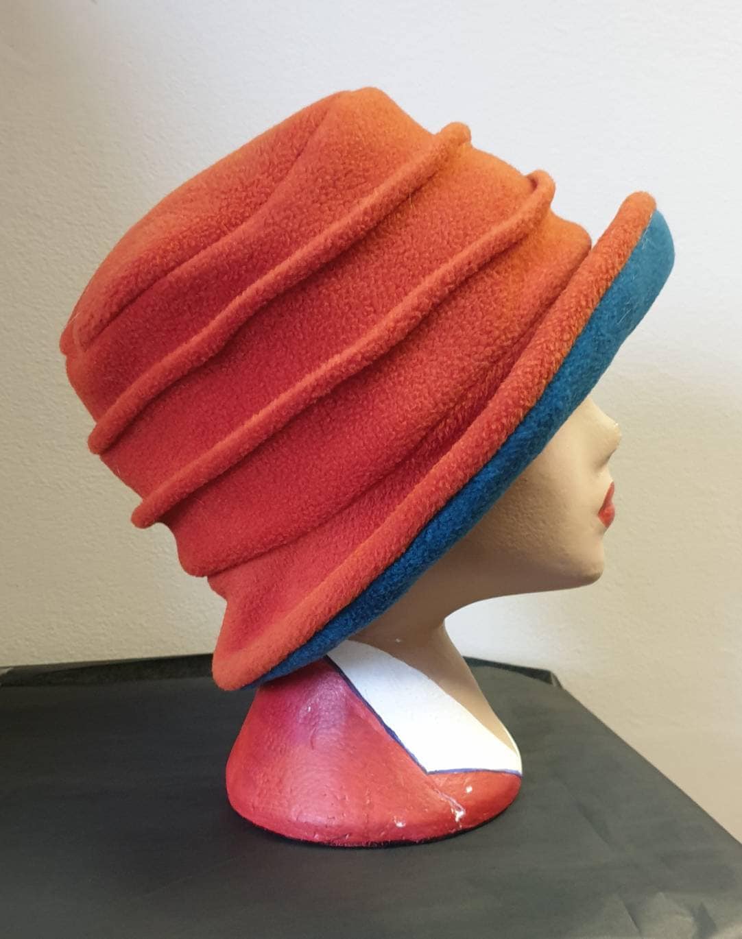 Burnt Orange & Teal Fleece Cloche Hat | Handmade in England