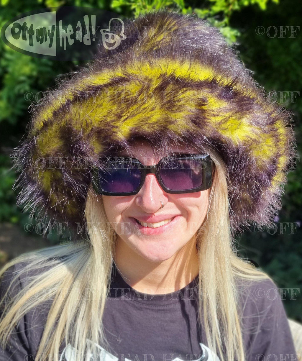 5 inch Tall Yellow-Black Fluffy Hat-JK Style Hat-Space Cowboy Style Hat-Fake Fur Black Hat- Stovepipe Hat- Black Top Hat-Yellow-Cruelty Free