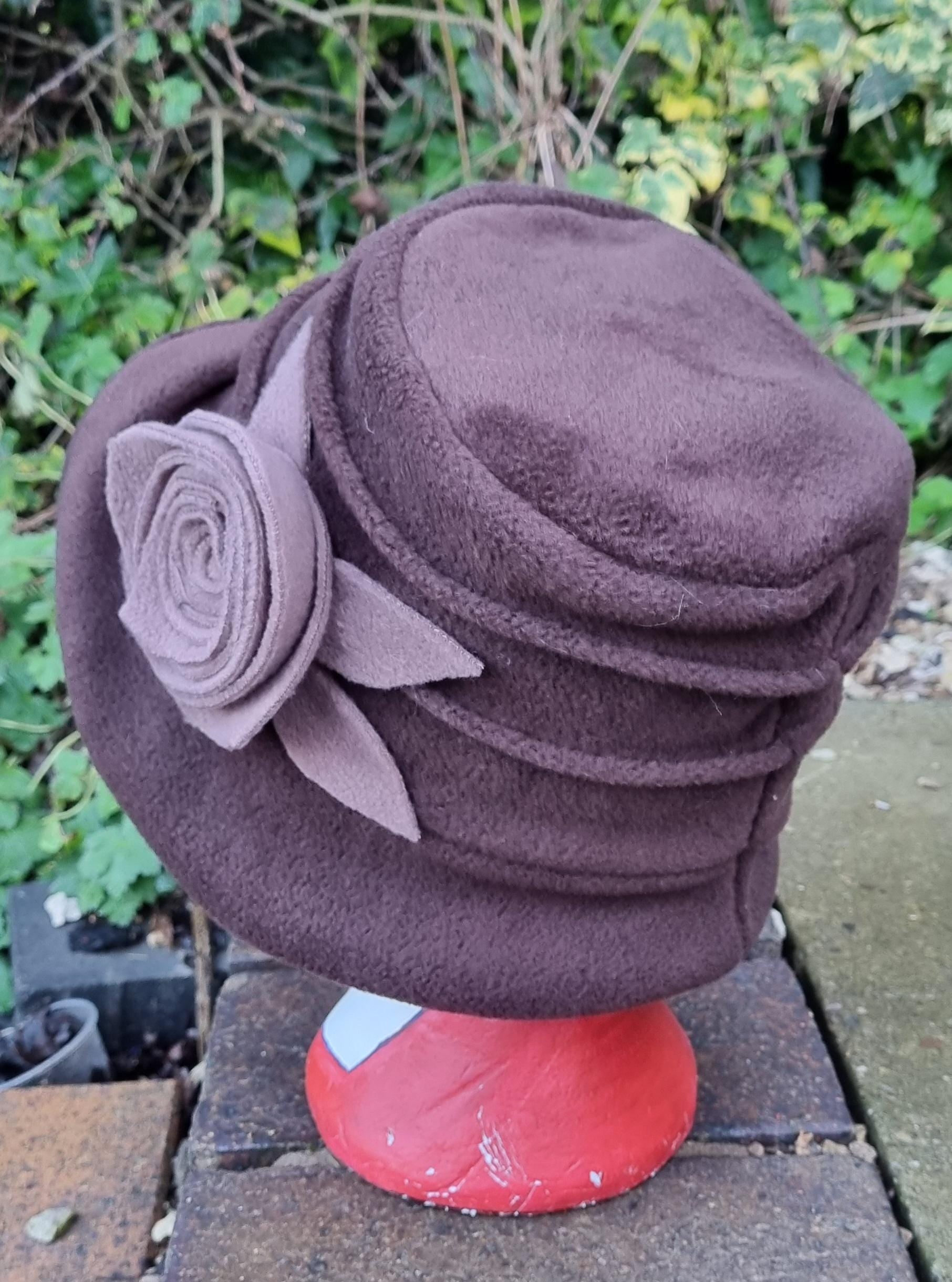Chocolate Brown Fleece Cloche Hat with Camel Flower-Fleece Lining-Downton Abbey Hat-Womens Fleece Hat-Ladies Winter Hat-Brown Polar Fleece