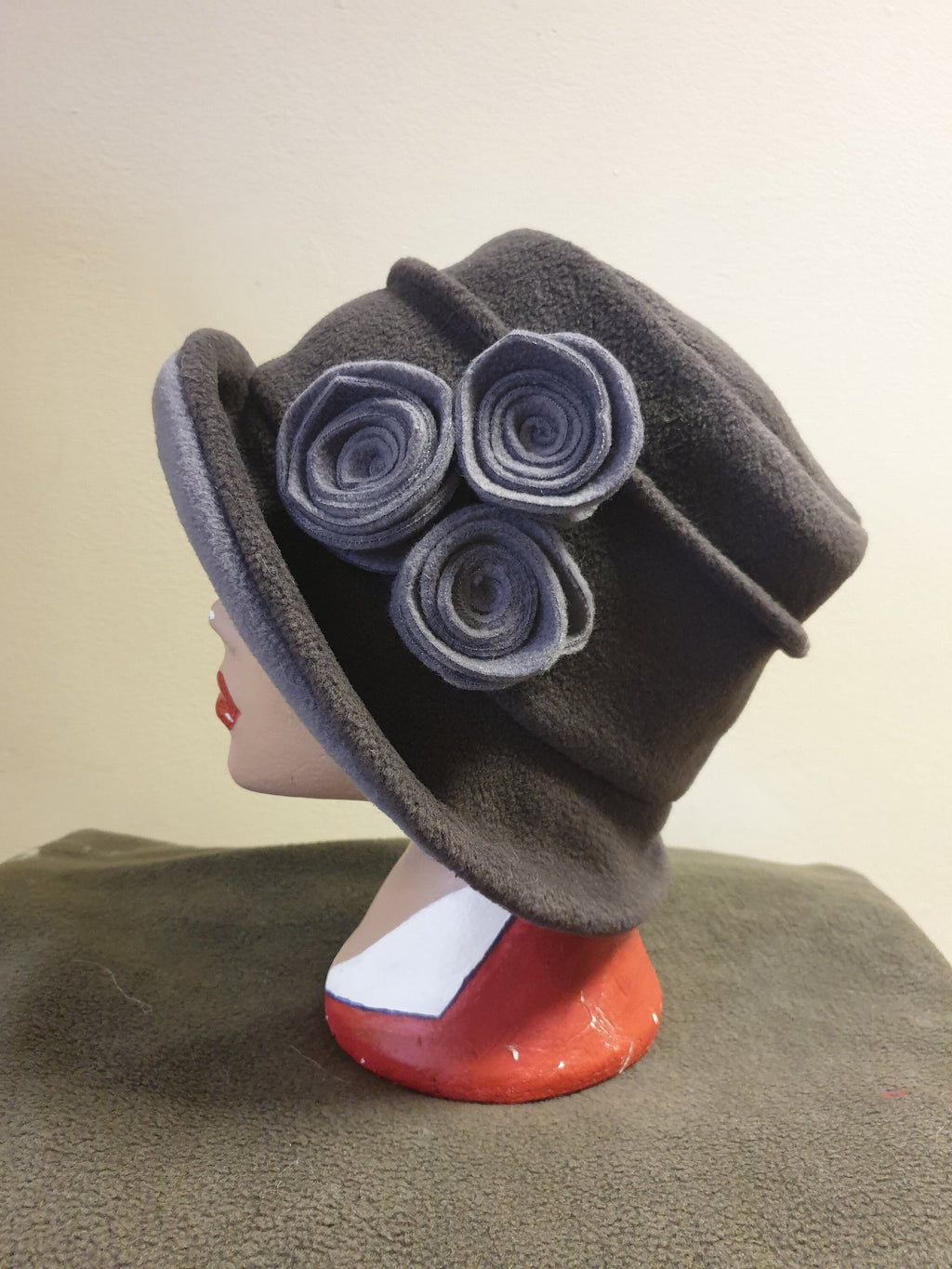Dark/Light Grey Hat Lined with Polar Fleece-Downton Abbey Hat-Womens Fleece-Womens Fleece Winter Hat-1930's-Vintage Hat-Ladies Winter Hat