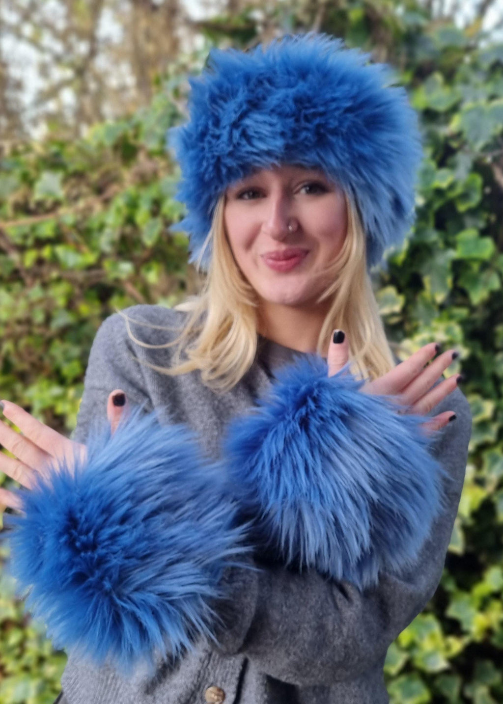 Dusky Blue Faux Fur Headband — Mega Fluffy Earwarmer & Neckwarmer