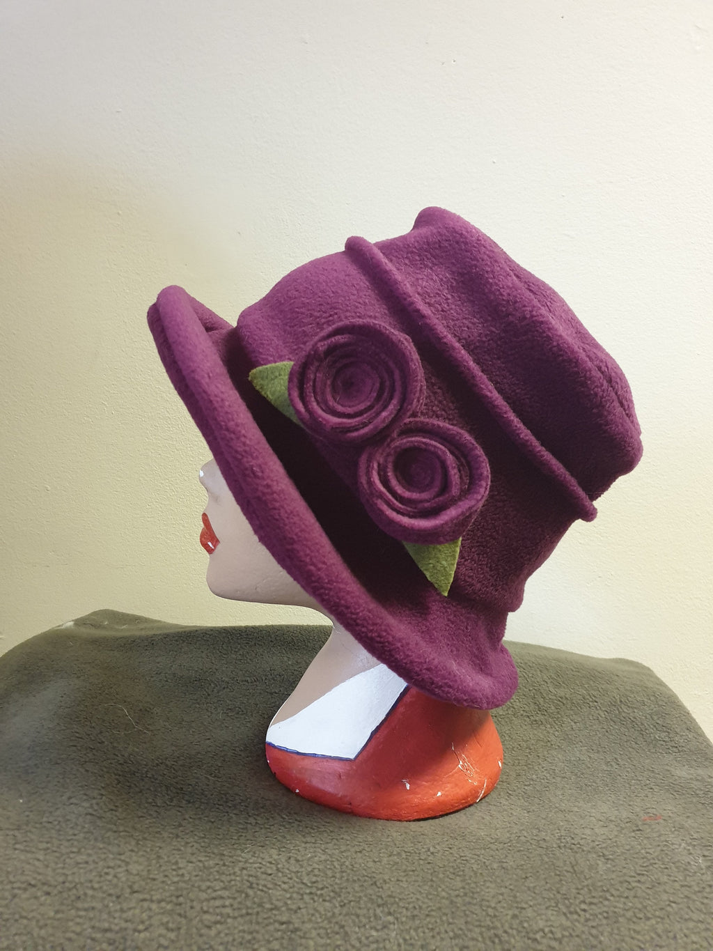 Plum Fleece Hat Lined with Polar Fleece-Downton Abbey Hat-Womens Fleece Hat-Womens Fleece Winter Hat-1930's-Vintage Hat-Ladies Winter Hat