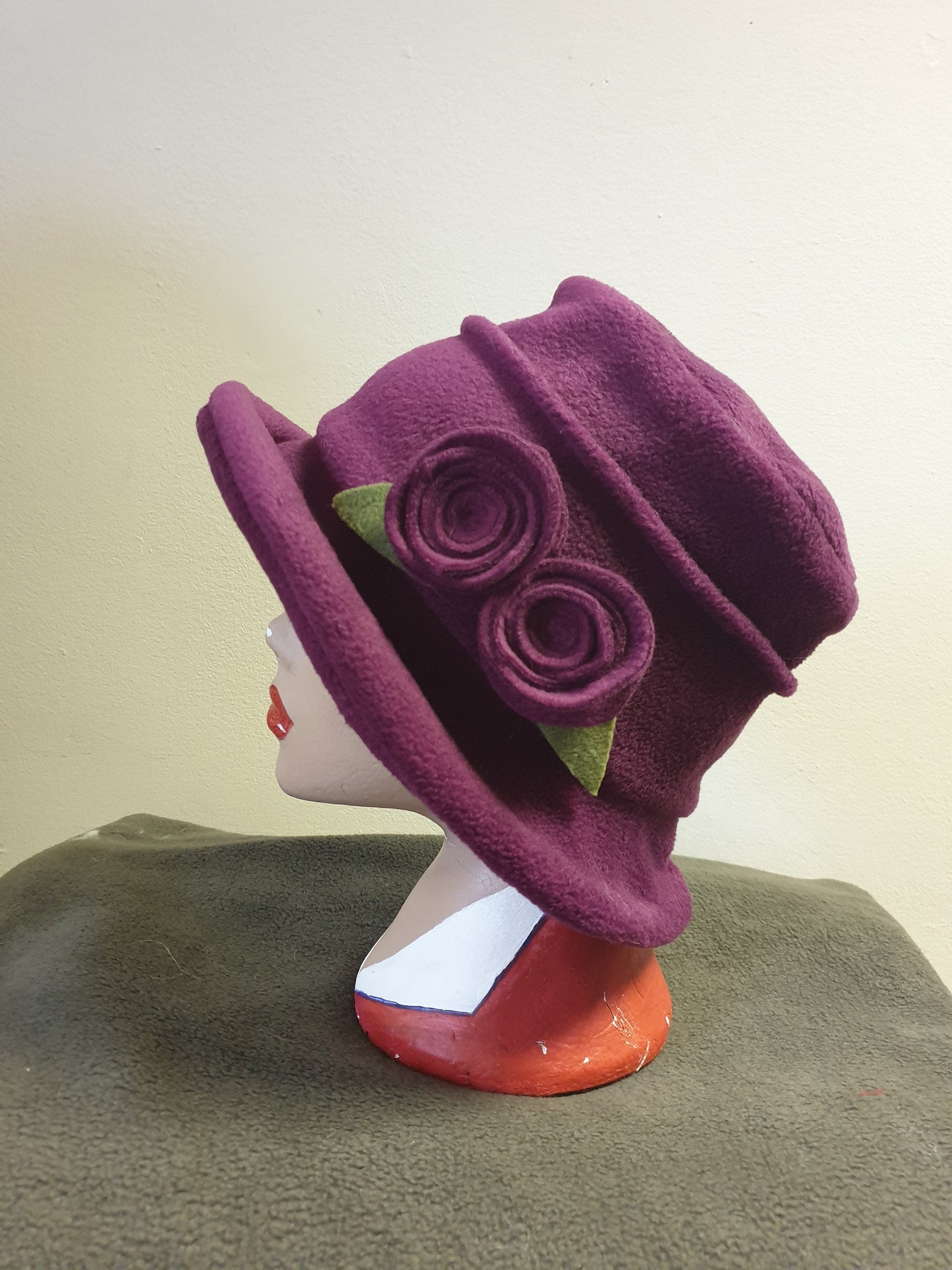 Plum Fleece Hat Lined with Polar Fleece-Downton Abbey Hat-Womens Fleece Hat-Womens Fleece Winter Hat-1930's-Vintage Hat-Ladies Winter Hat