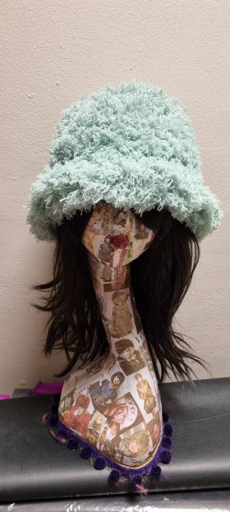 Curly Frills Mint Green Faux Fur Bucket Hat-Festival Hat-Floppy Hat-Fur Hat-Fake Fur Hat-Rave Hat-Mint Fur Hat-Sage Green Fur-Y2K Vegan Hat