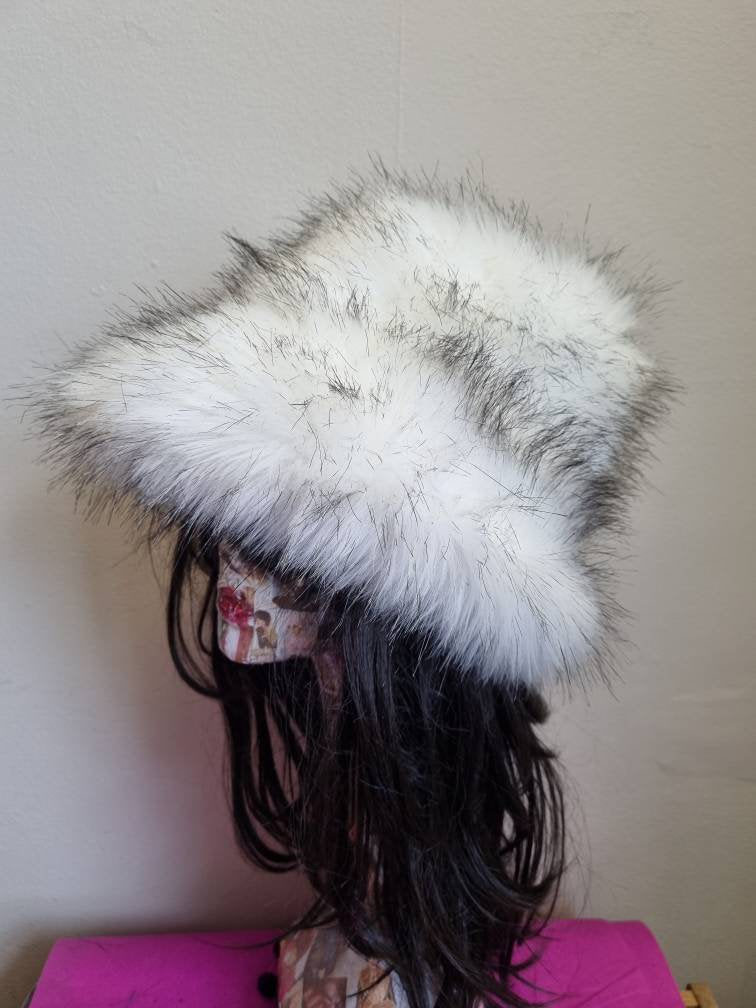 White/Black Soft Fuzzy Bucket Hat-Faux Fur Hat-Festival Hat-Floppy Hat-Fur Hat-Fake Fur Hat-Rave Hat-White Bucket Hat-Vegan Friendly Hat