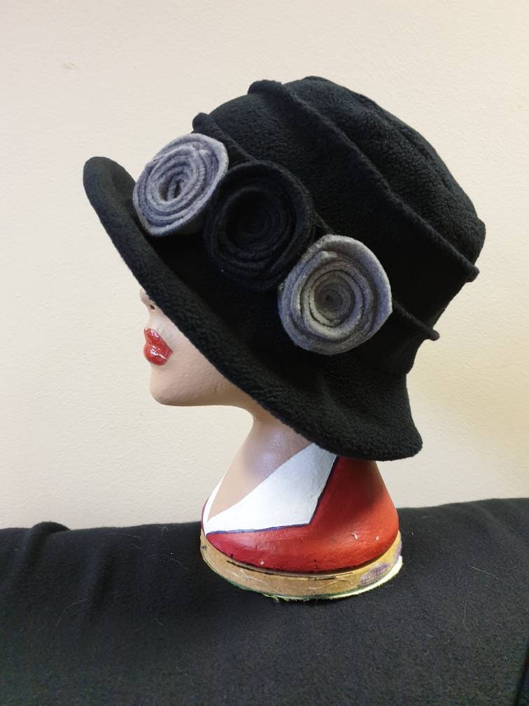 Black Fleece Hat-Downton Abbey Hat-Womens Fleece Hat-Womens Fleece Winter Hat-1930's-Vintage Hat-Ladies Winter Hat-Cloche Hat-Flapper Hat