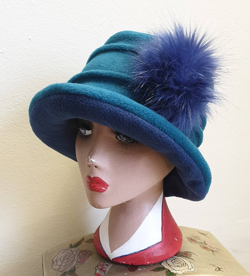 Teal & Airforce Blue Fleece Cloche Hat | Handmade in England | Choice of Finish