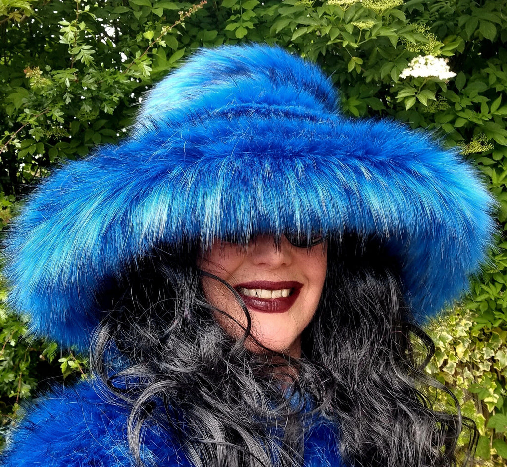 Royal Blue Faux Fur Bucket Hat | Extra Wide Wired Brim | Handmade Festival Hat