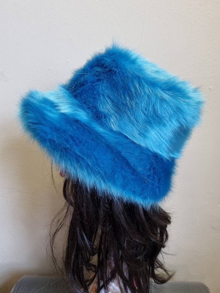 Stunning Super Luxury  Faux Fur Bucket Hat-Peacock Blue-Fuzzy Bucket Hat-Festival Hat-Floppy Hat-Fur Ha-Rave Hat-Blue Bucket Hat