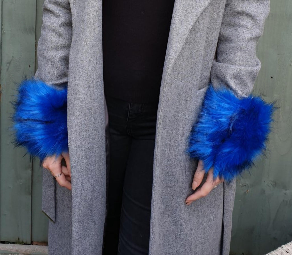 Royal Blue Faux Fur Cuffs with Black Tips | Fluffy Wrist Warmers | Handmade in England