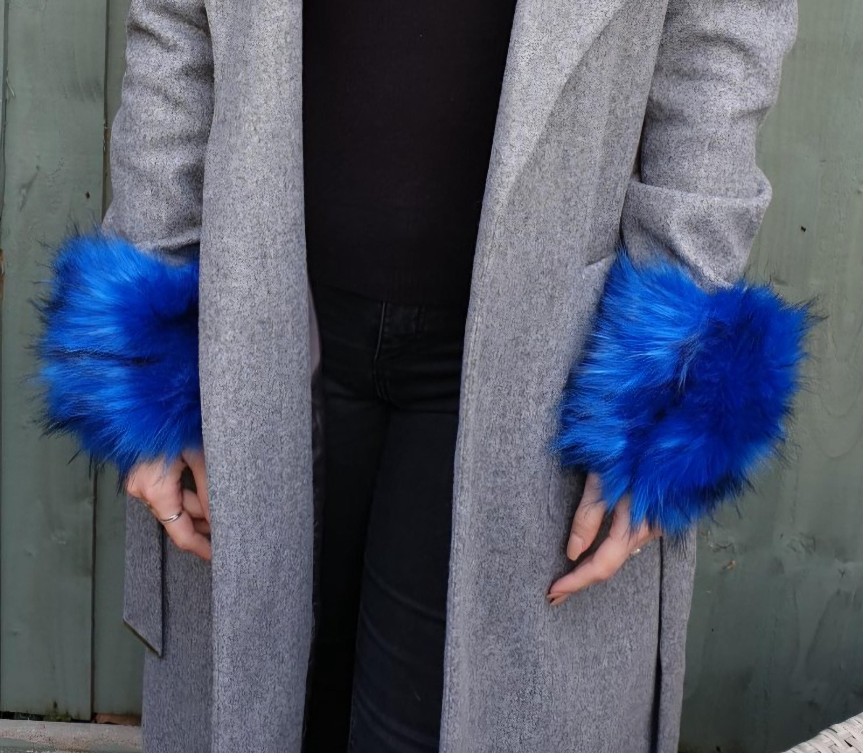 Royal Blue Faux Fur Cuffs with Black Tips | Fluffy Wrist Warmers | Handmade in England