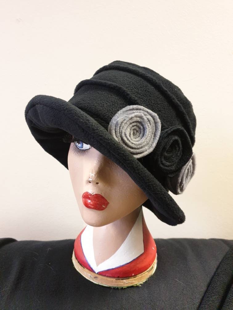 Black Fleece Hat-Downton Abbey Hat-Womens Fleece Hat-Womens Fleece Winter Hat-1930's-Vintage Hat-Ladies Winter Hat-Cloche Hat-Flapper Hat