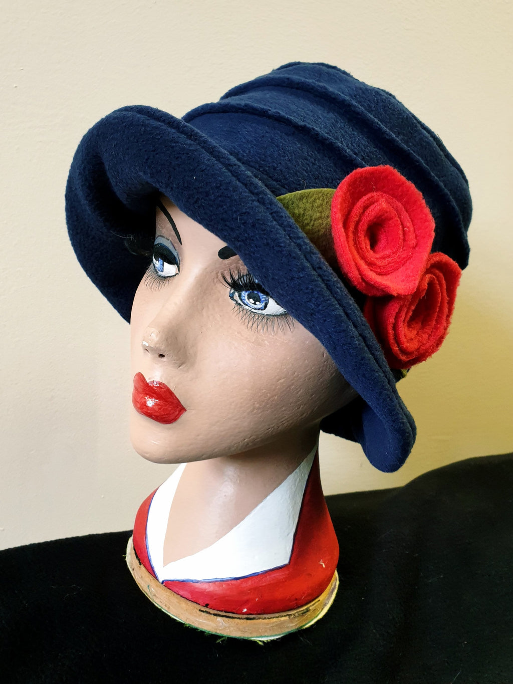 Navy Blue Fleece Hat-Polar Fleece Lining-Downton Abbey Hat-Womens Fleece Hat-Womens Fleece Winter Hat-1930's-Ladies Winter Hat-Blue Fleece