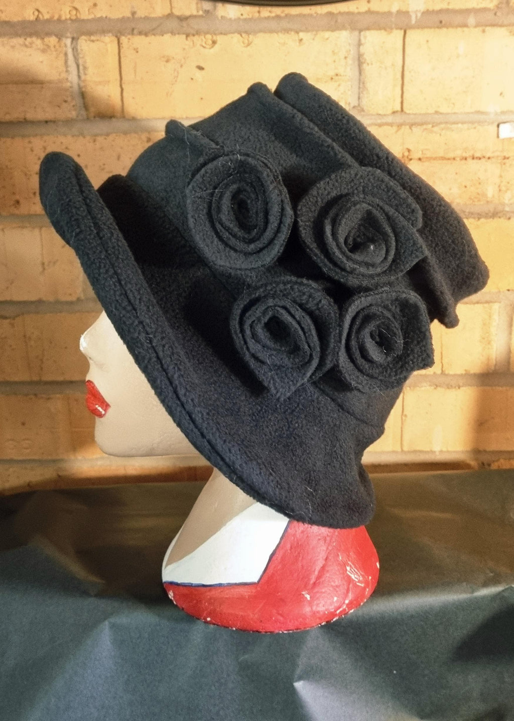 Black Fleece Hat with Flower Detail-Polar Fleece Lining-Downton Abbey Hat-Womens Fleece Winter Hat-1930's-Ladies Winter Hat- Made in England