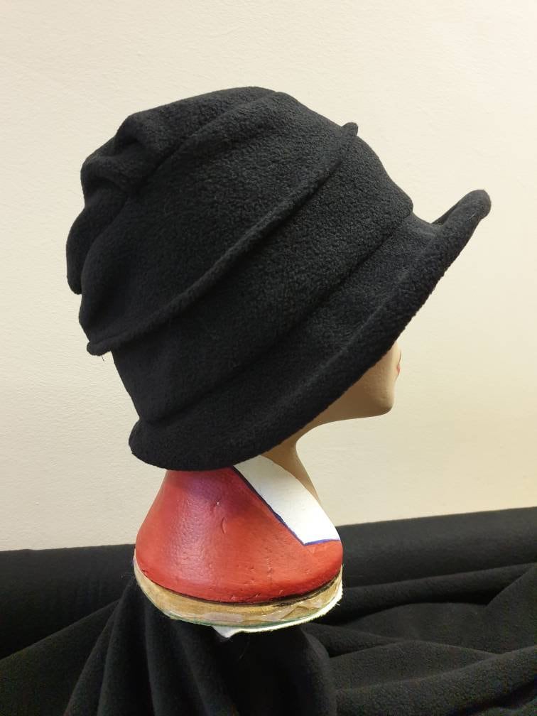 Cosy Black Fleece Hat with Pleated Top-Fully Fleece Lined-Downton Abbey Hat-Womens Fleece Hat-Womens Fleece Winter Hat-Ladies Winter Hat