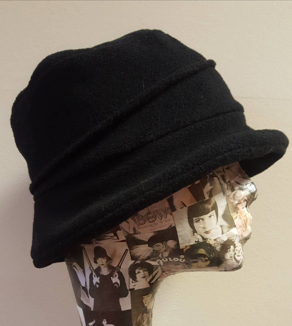 Black Cloche Hat In Cosy Polar Fleece-Dalmation Bows-Downton Abbey Hat-Womens Fleece Hat-Womens Fleece Winter Hat-1930's-Ladies Winter Hat