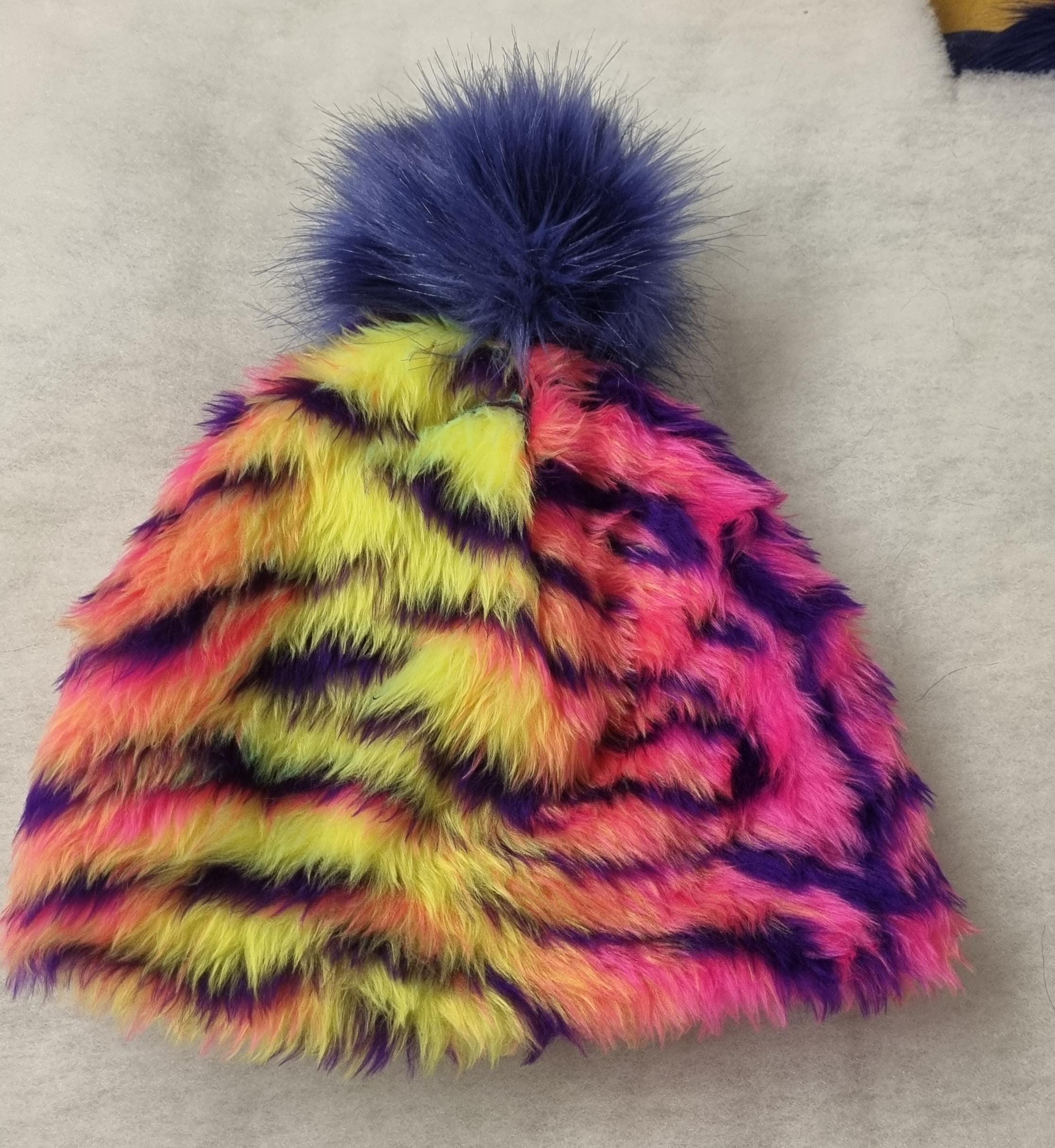 Multi Colour Pom Pom Hat-Polar Fleece Lined-Fur Pom Pom Hat-Flffy Pom Pom Hat-Faux Fur Pom Pom- Winter Hat-Unisex-Cruelty Free