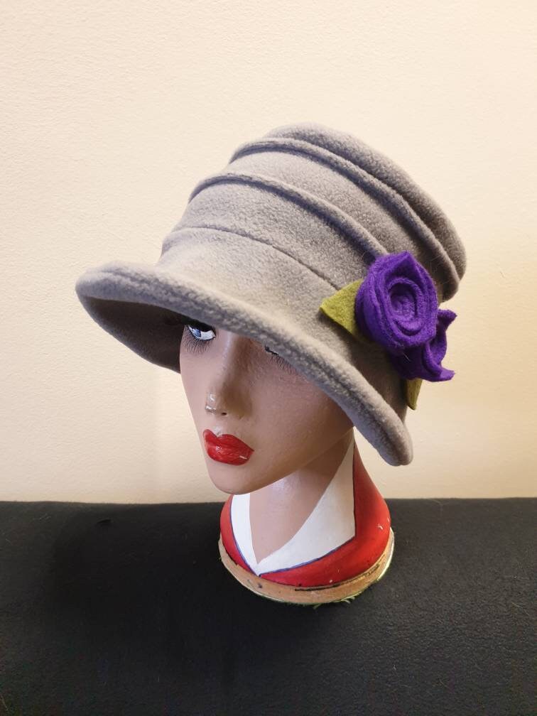 Light Grey Fleece Hat with Purple Flower-Polar Fleece Lining-Downton Abbey Hat-Cloche Hat-Womens Fleece Winter Hat-1930's-Ladies Winter Hat-