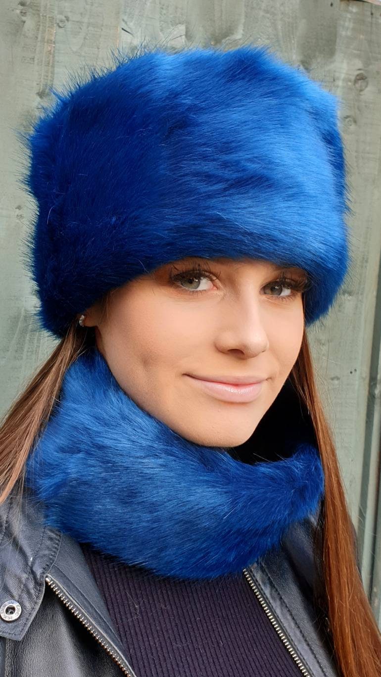 Sapphire Blue Luxury Short Faux Fur Hat with Polar Fleece Lining-Fur Hat-Fake Fur Hat-Winter Hat-Long Fur Hat-Cossack Hat-Blue Fur Hat