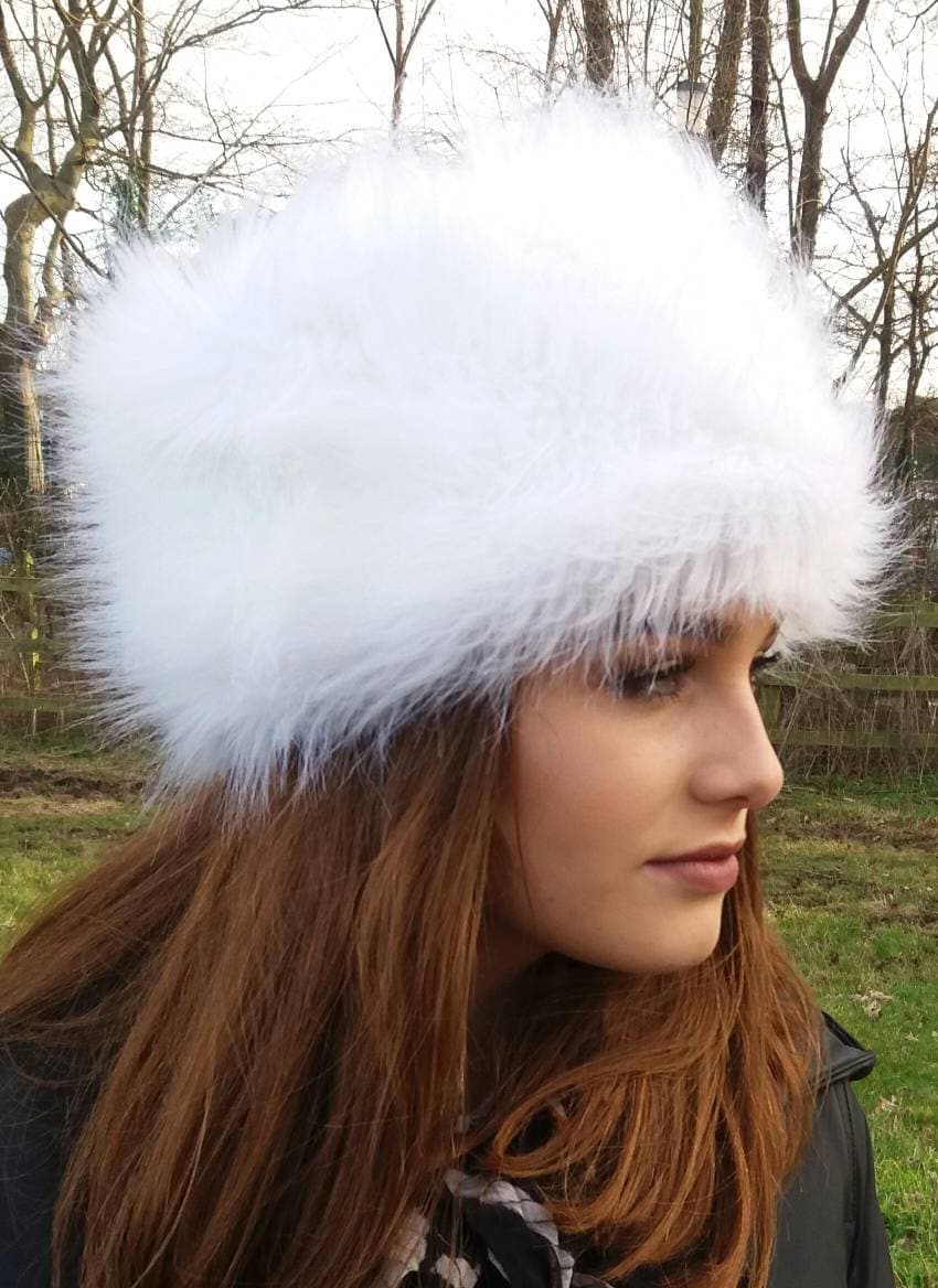 White Faux Fur Hat Russian Style with Cosy Polar Fleece Lining-Fur Hat-Fake Fur Hat-Winter Hat-Long Fur Hat-Cossack Hat-White Fur Hat