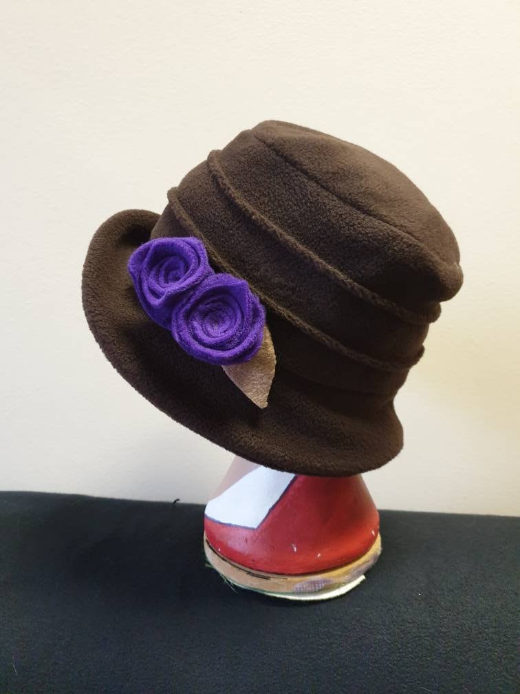 Chocolate Brown Fleece Cloche Hat with Purple Flowers-Fleece Lining-Downton Abbey Hat-Womens Fleece Hat-Ladies Winter Hat-Brown Polar Fleece