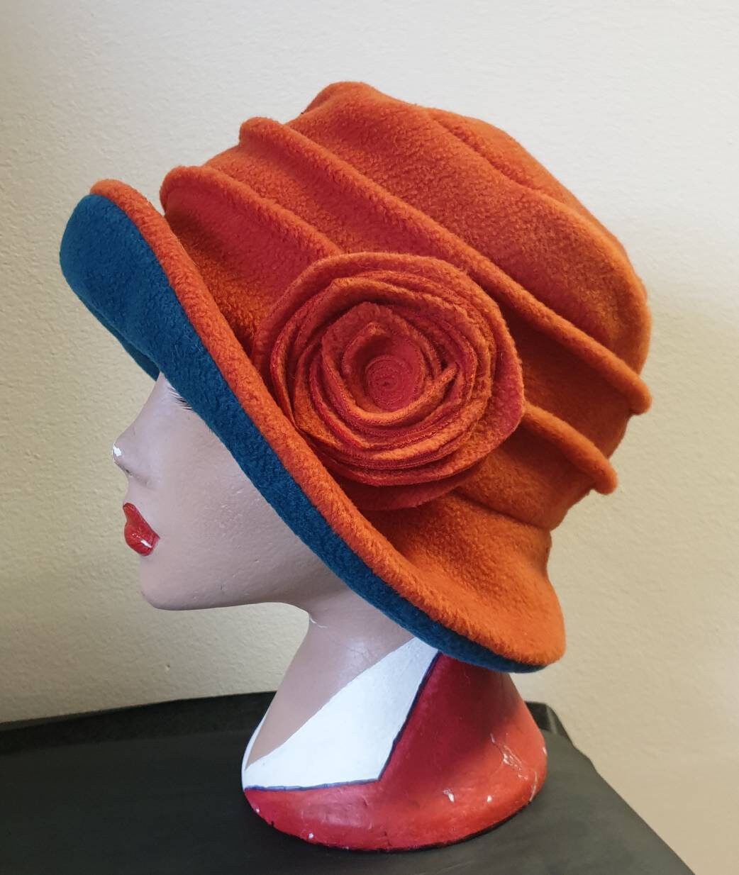 Burnt Orange & Teal Fleece Cloche Hat | Handmade in England