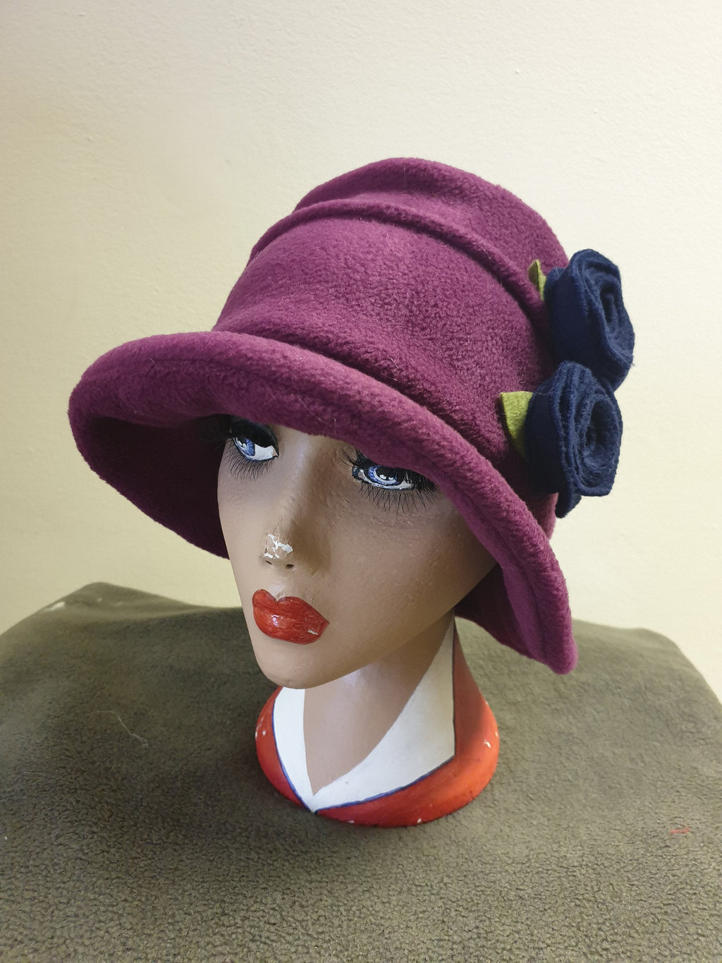 Plum Fleece Hat Lined with Polar Fleece-Downton Abbey Hat-Womens Fleece Hat-Womens Fleece Winter Hat-1930's-Vintage Hat-Ladies Winter Hat