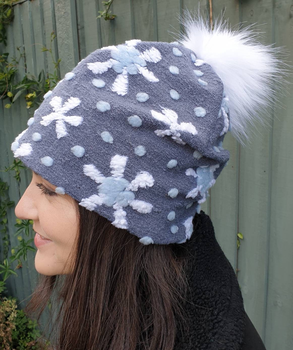 Snowflake Pattern Bouclé Slouchy Hat Large White Pom Pom-Fully lined with Polar Fleec-Fur Pom Pom Hat-Womens Fleece Hat-Faux Fur Pom Pom