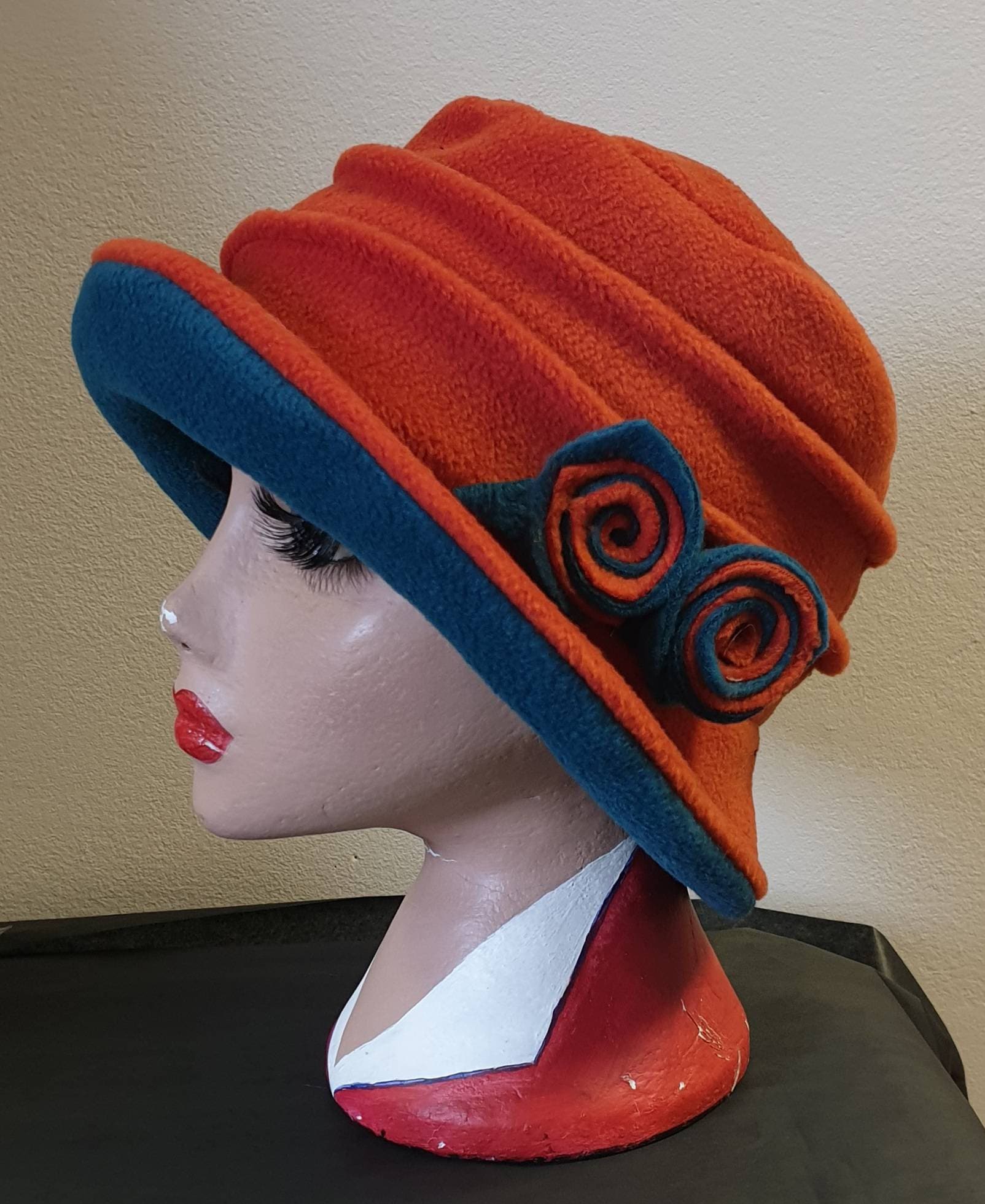 Burnt Orange & Teal Fleece Cloche Hat | Handmade in England