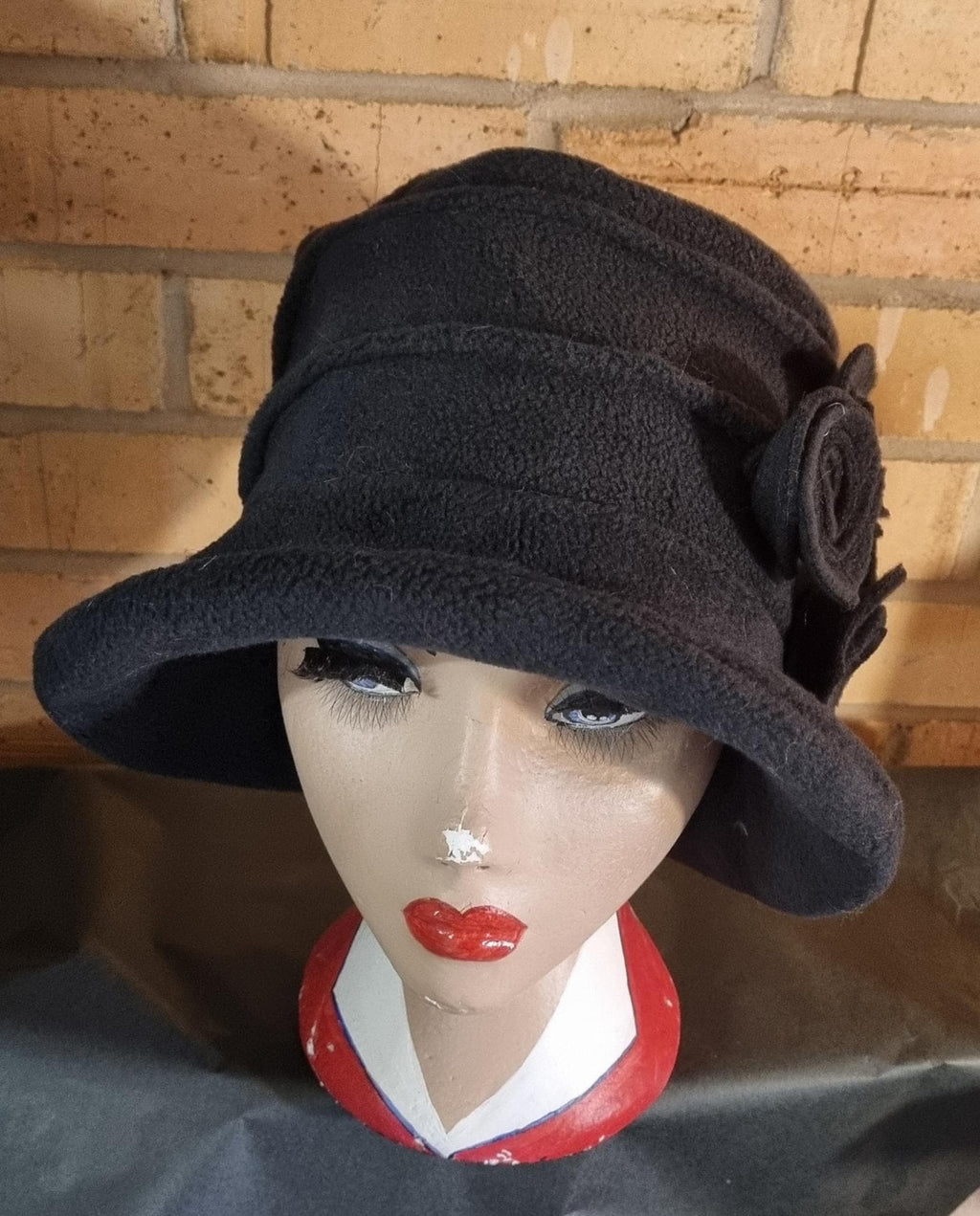 Black Fleece Hat with Flower Detail-Polar Fleece Lining-Downton Abbey Hat-Womens Fleece Winter Hat-1930's-Ladies Winter Hat- Made in England