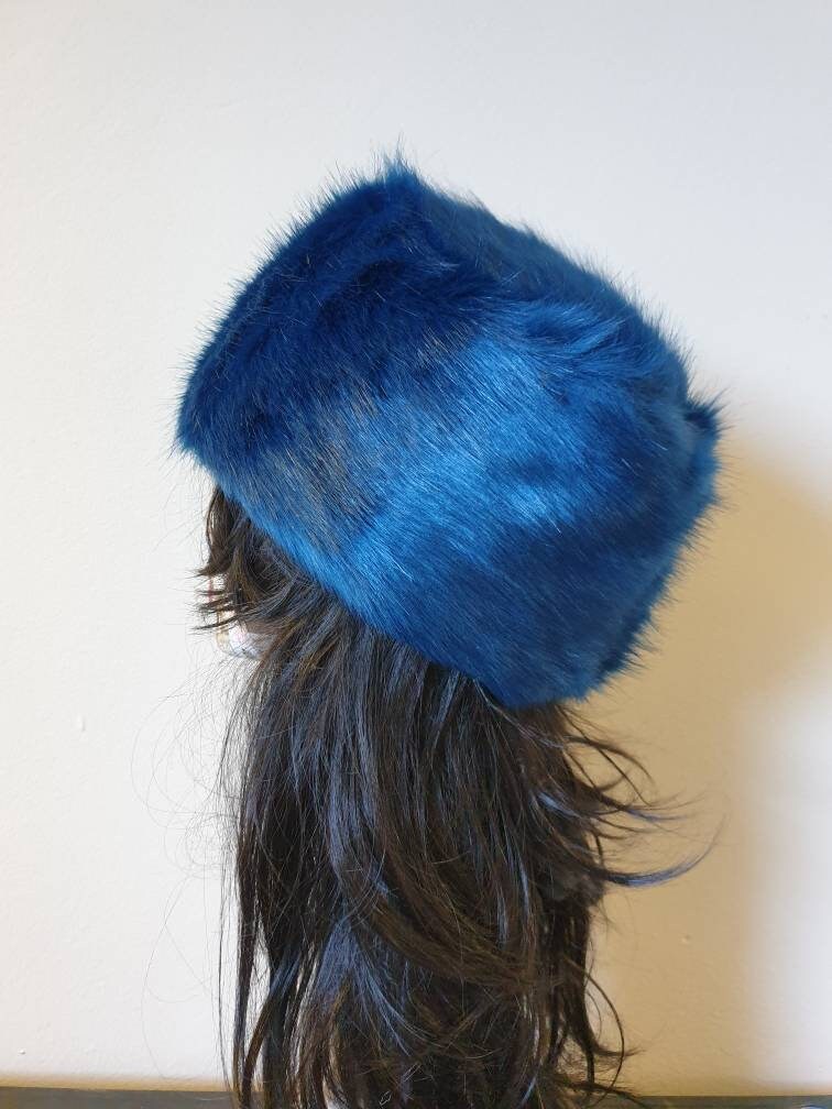 Sapphire Blue Luxury Short Faux Fur Hat with Polar Fleece Lining-Fur Hat-Fake Fur Hat-Winter Hat-Long Fur Hat-Cossack Hat-Blue Fur Hat