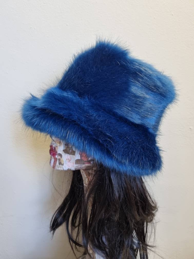 Stunning Super Luxury  Faux Fur Bucket Hat-Deep Blue-Fuzzy Bucket Hat-Festival Hat-Floppy Hat-Fur Hat-Fake Fur Hat-Rave Hat-Blue Bucket Hat