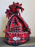 Original Off My Head Hat Tartan Fleece Hat with Blanket Stitch Detail Double Fleece- Fleece Tie Top Hat-Off My Head Hats