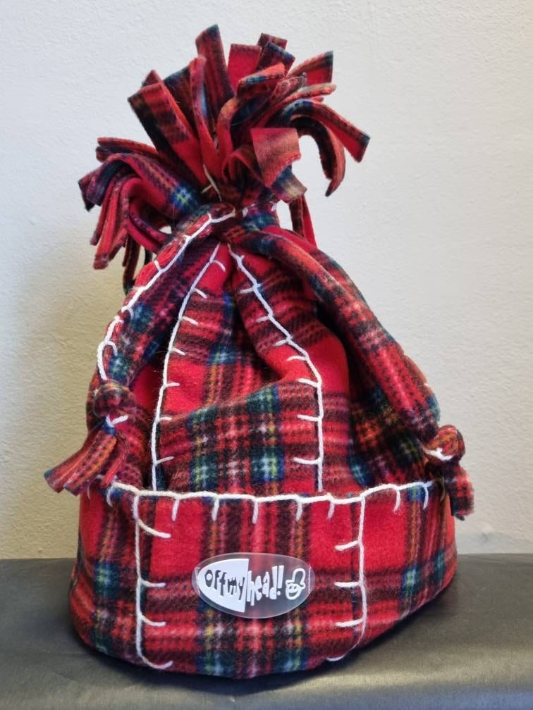 Original Off My Head Hat Tartan Fleece Hat with Blanket Stitch Detail Double Fleece- Fleece Tie Top Hat-Off My Head Hats