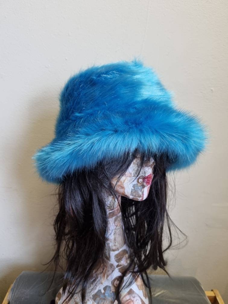 Stunning Super Luxury  Faux Fur Bucket Hat-Peacock Blue-Fuzzy Bucket Hat-Festival Hat-Floppy Hat-Fur Ha-Rave Hat-Blue Bucket Hat