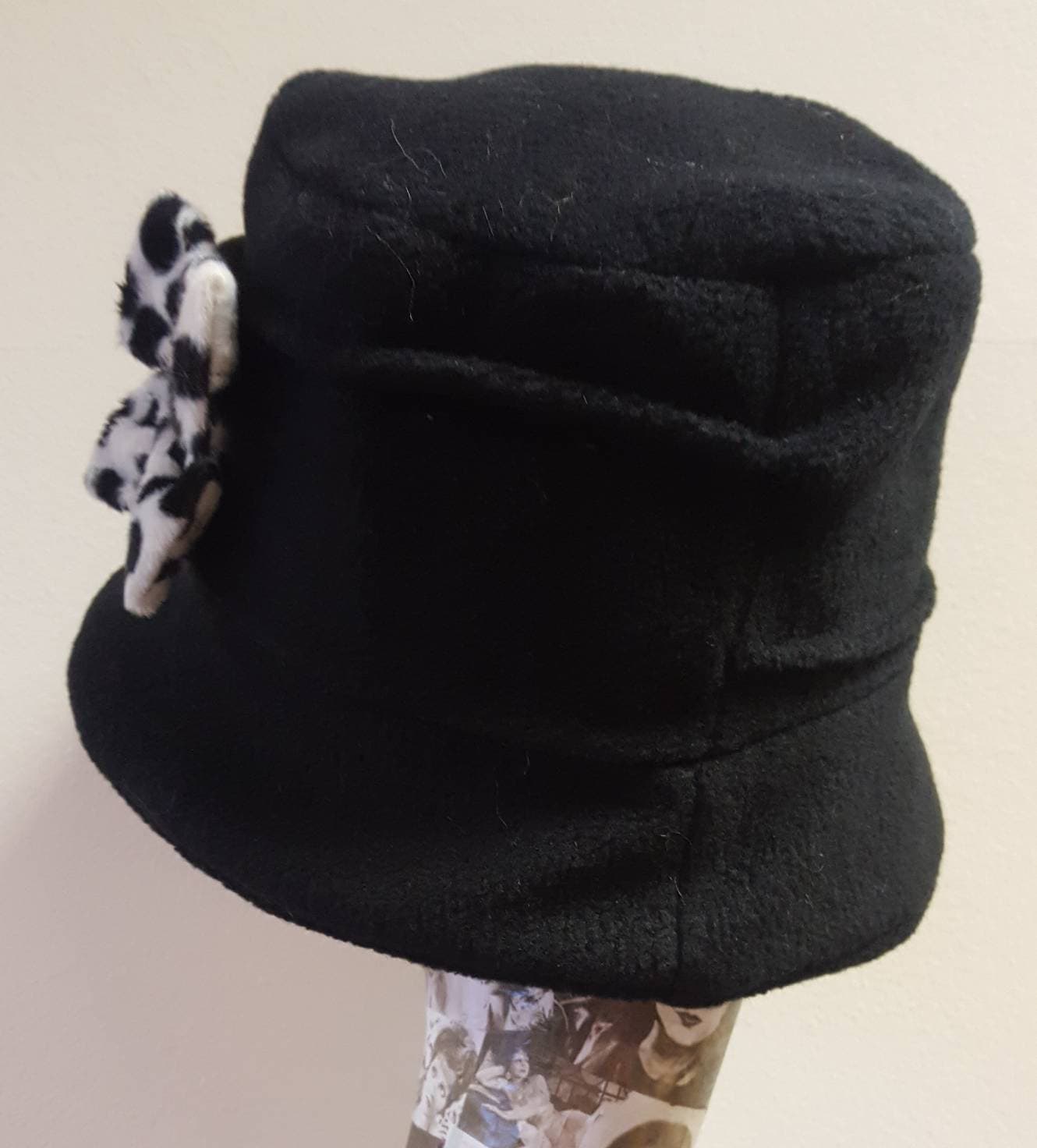 Black Cloche Hat In Cosy Polar Fleece-Dalmation Bows-Downton Abbey Hat-Womens Fleece Hat-Womens Fleece Winter Hat-1930's-Ladies Winter Hat