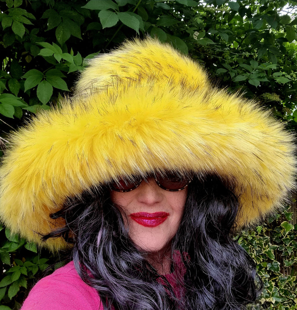 Canary Yellow Black Tips Faux Fur Bucket Hat | Extra Wide Wired Brim | Handmade Festival Hat