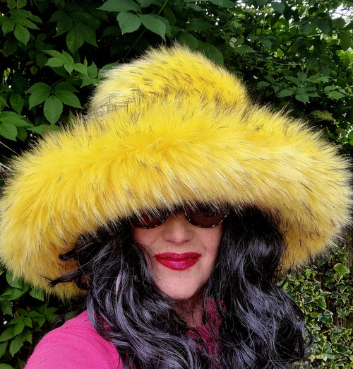 Canary Yellow Black Tips Faux Fur Bucket Hat | Extra Wide Wired Brim | Handmade Festival Hat