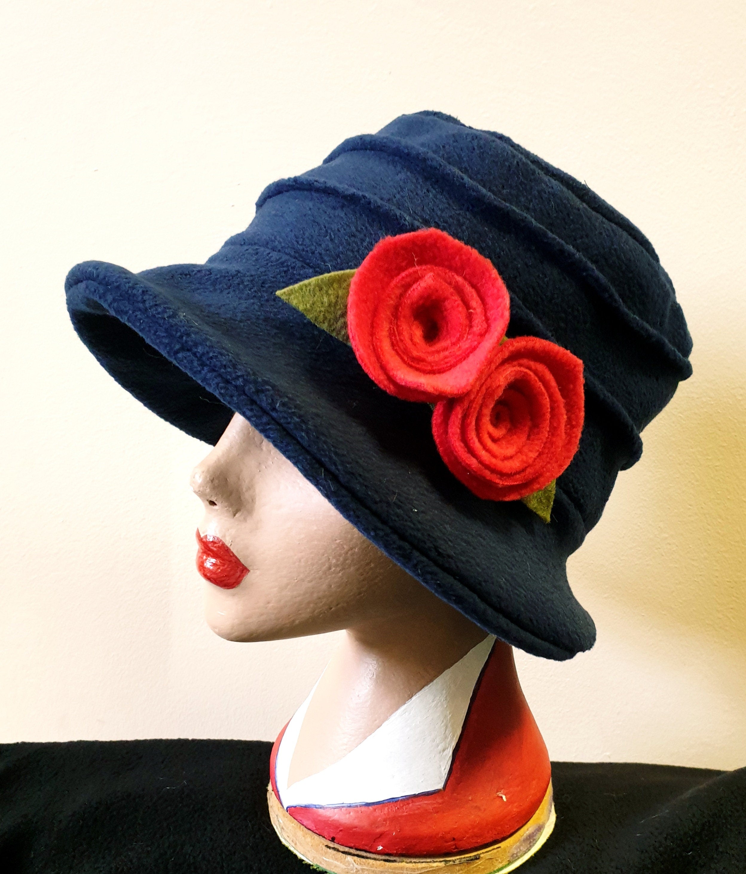 Navy Blue Fleece Hat-Polar Fleece Lining-Downton Abbey Hat-Womens Fleece Hat-Womens Fleece Winter Hat-1930's-Ladies Winter Hat-Blue Fleece