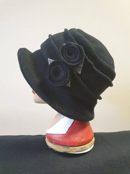 Black Fleece-Cloche Hat with Black Flower Detail-Polar Fleece Lining-Downton Abbey Hat-Womens Fleece Winter Hat-1930's-Ladies Winter Hat