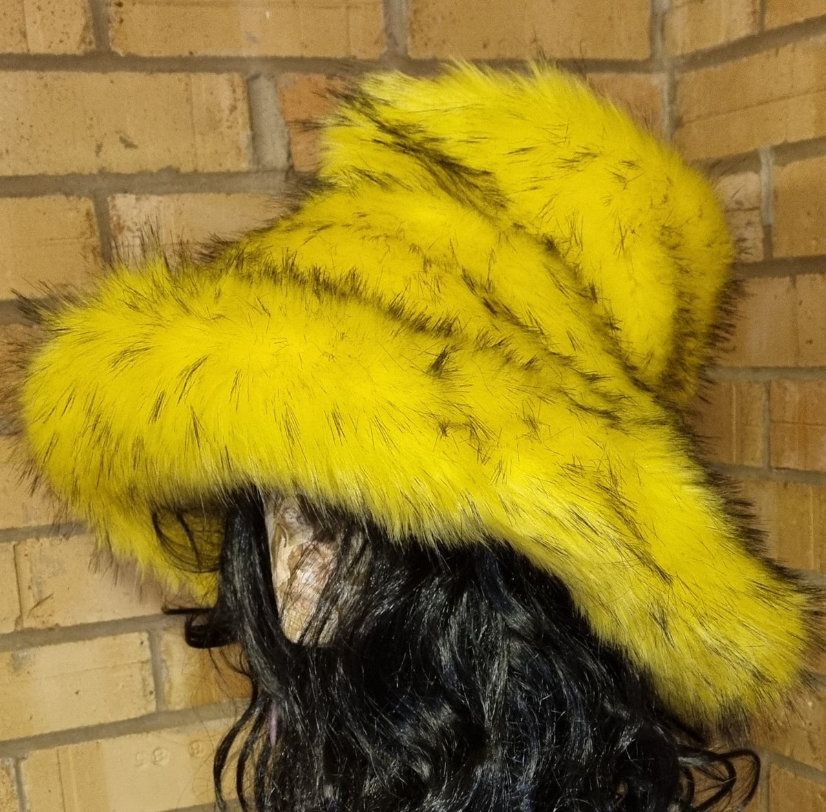 Canary Yellow Black Tips Faux Fur Bucket Hat | Extra Wide Wired Brim | Handmade Festival Hat
