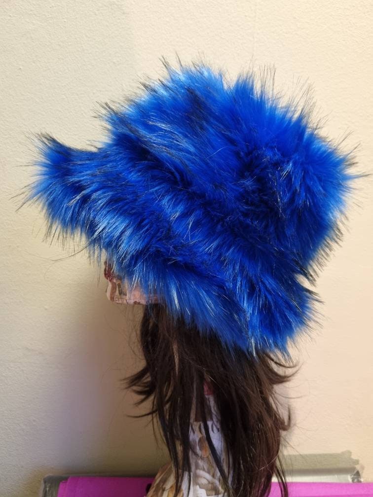 Super Fluffy Royal Blue Luxury Faux Fur Bucket Hat-Deep Blue-Fuzzy Bucket Hat-Festival Hat-Fur Hat-Fake Fur Hat-Rave Hat-Blue Bucket Hat-Y2K