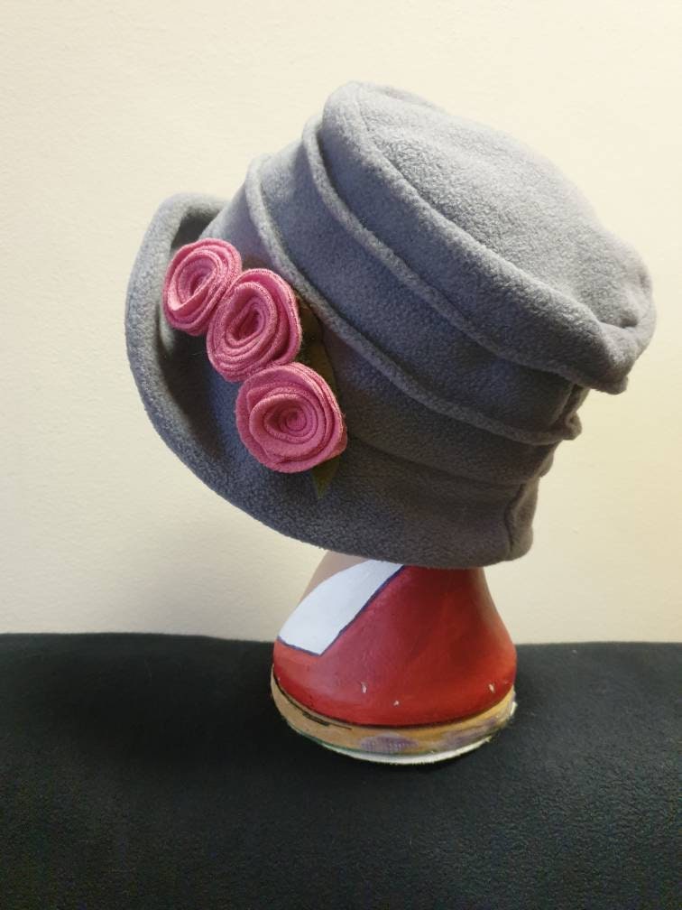 Light Grey Fleece Hat-Polar Fleece Lining-Downton Abbey Hat-Cloche Hat-Womens Fleece Winter Hat-1930's-Ladies Winter Hat-Grey Fleece Hat