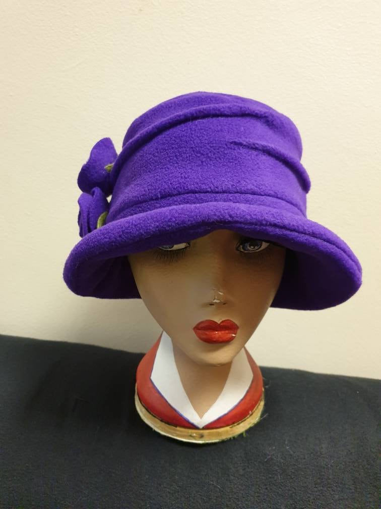 Fleece Lined Purple Fleece Hat- Pleated Top-Downton Abbey Hat-Womens Fleece Hat-Womens Fleece Winter Hat-1930-Ladies Winter Hat-Cloche Hat