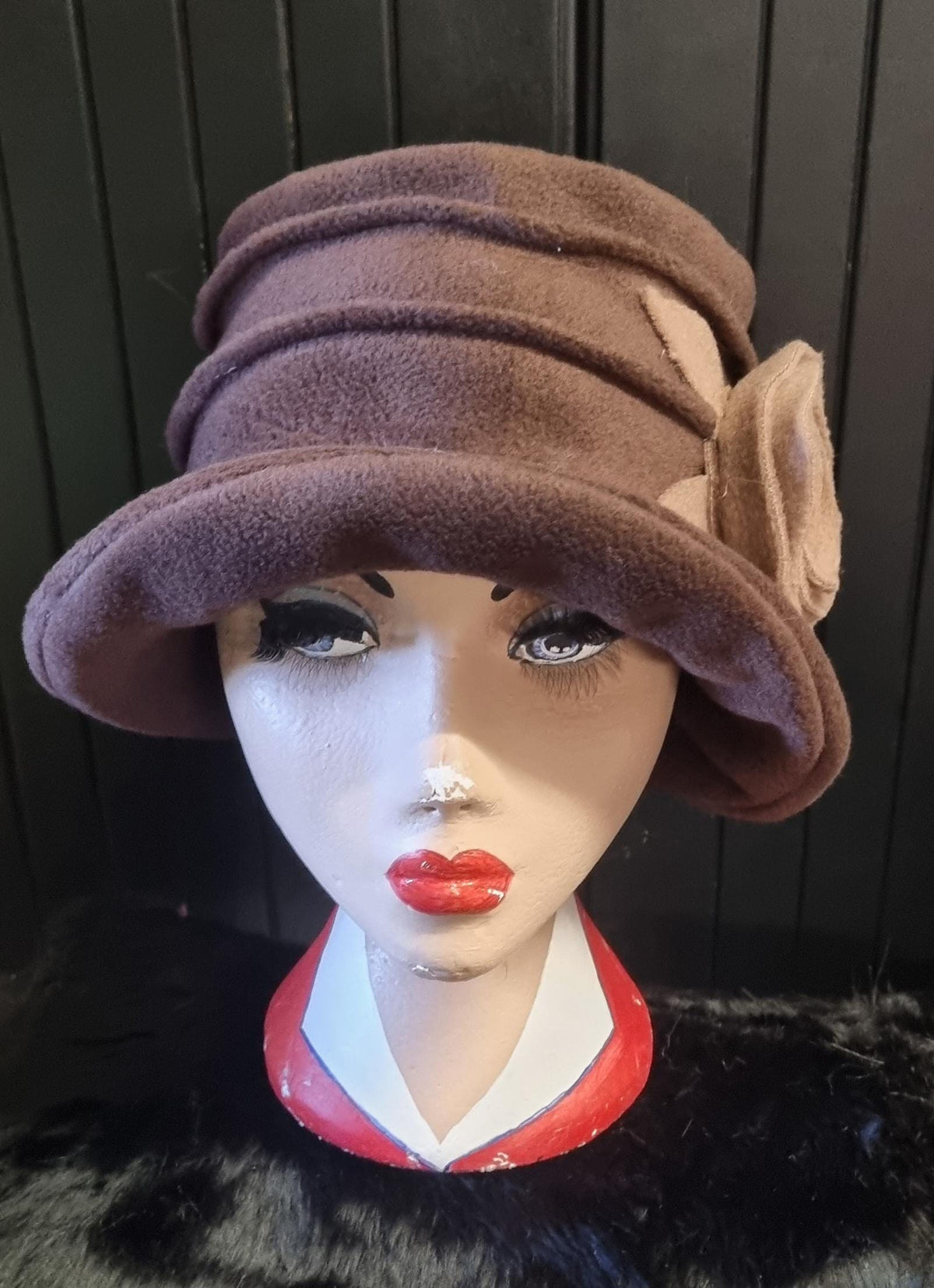 Chocolate Brown Fleece Cloche Hat with Camel Flower-Fleece Lining-Downton Abbey Hat-Womens Fleece Hat-Ladies Winter Hat-Brown Polar Fleece
